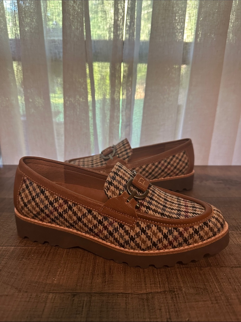 NWOT Donald J. Pliner Brown Plaid Tweed Bit Loafers